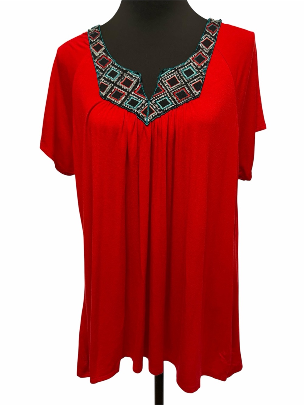 Avenue 18/20 Red Embroidered Split Neck Tunic Top Plus Size Boho Blouse